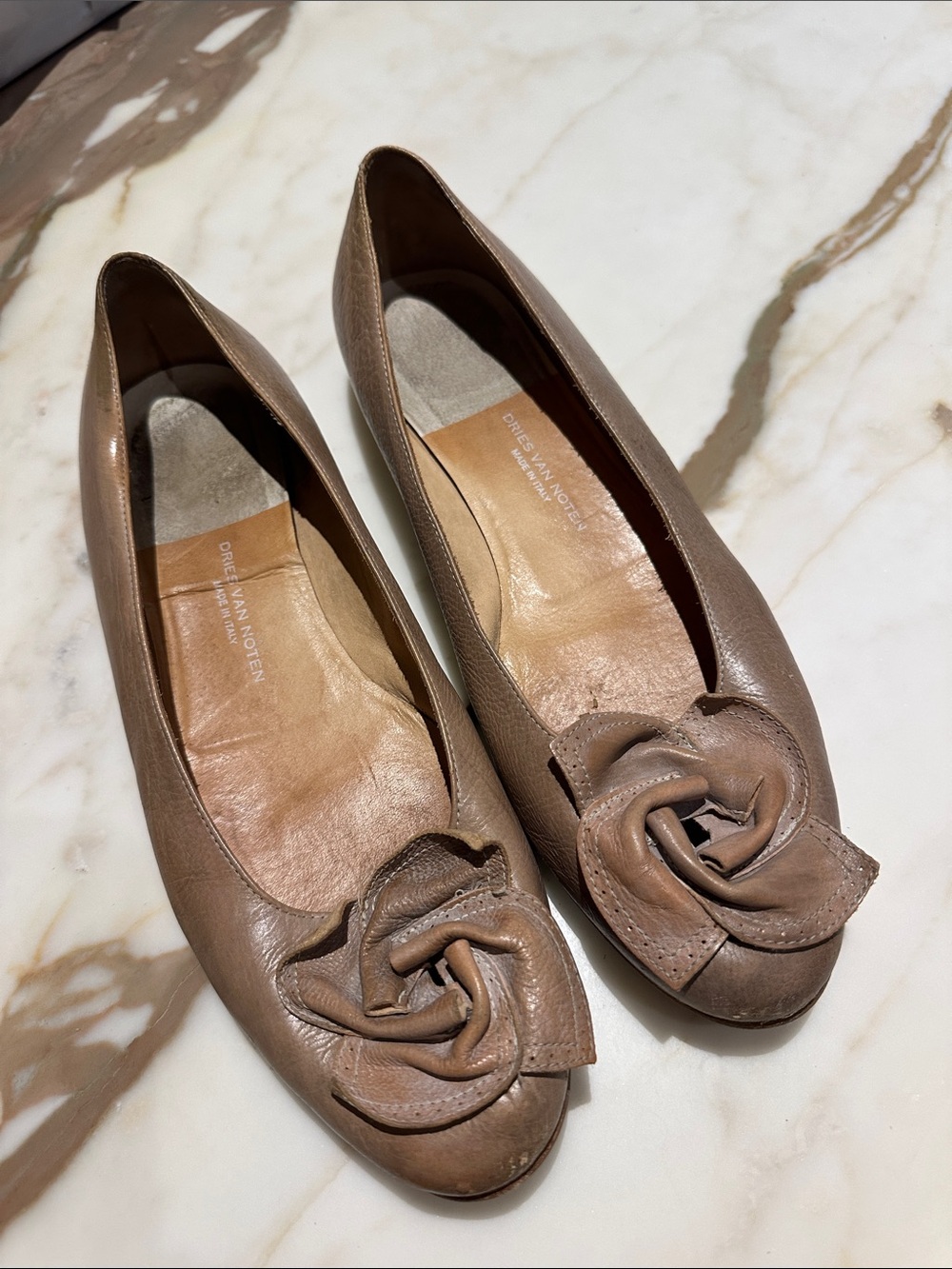 Dries Van Noten Taupe Floral Leather Ballet Flats